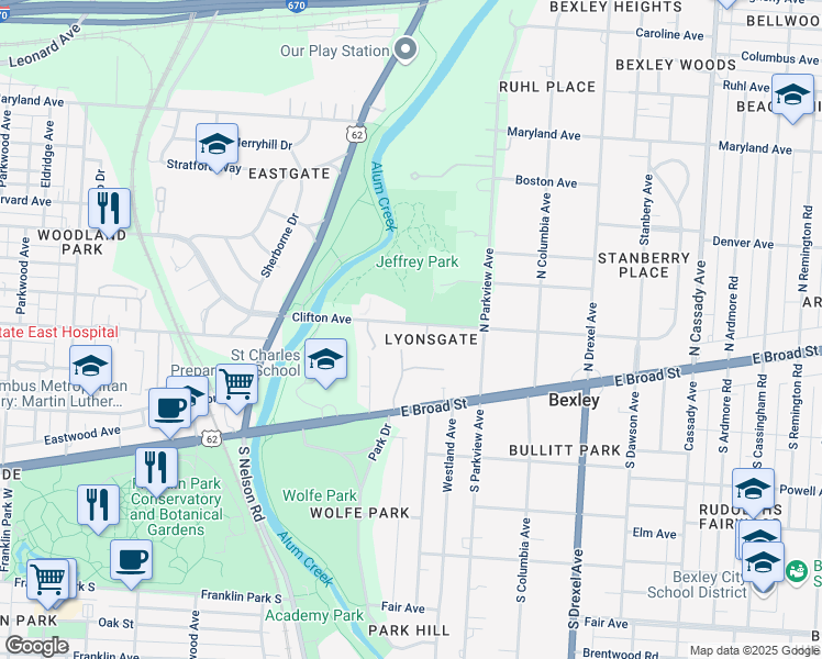map of restaurants, bars, coffee shops, grocery stores, and more near in Bexley