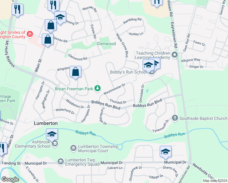 map of restaurants, bars, coffee shops, grocery stores, and more near 18 Westminster Drive in Lumberton