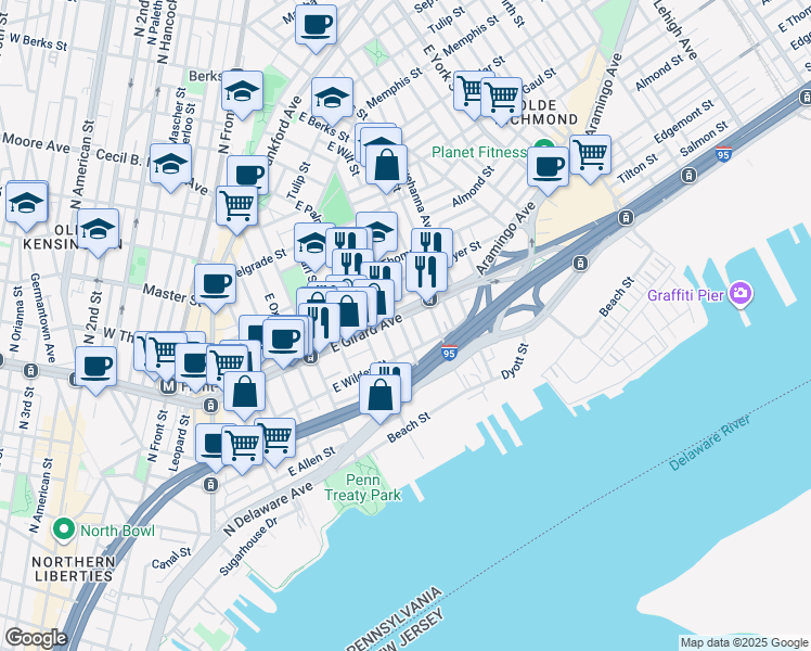 map of restaurants, bars, coffee shops, grocery stores, and more near 1133 East Montgomery Avenue in Philadelphia