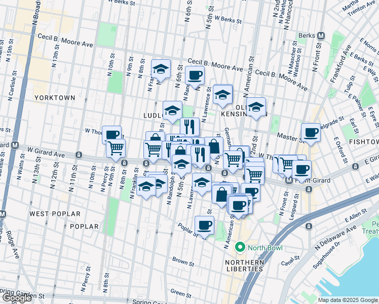 map of restaurants, bars, coffee shops, grocery stores, and more near 1231 North 5th Street in Philadelphia