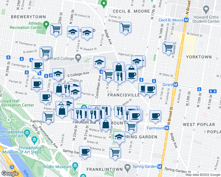 map of restaurants, bars, coffee shops, grocery stores, and more near 848 North 20th Street in Philadelphia