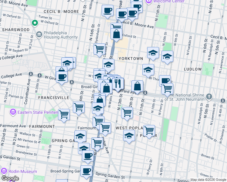 map of restaurants, bars, coffee shops, grocery stores, and more near 1336 West Girard Avenue in Philadelphia