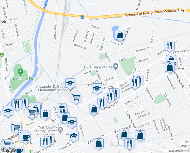 map of restaurants, bars, coffee shops, grocery stores, and more near 662 York Street in York