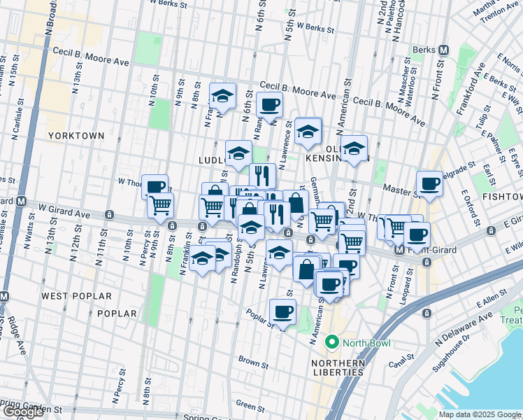 map of restaurants, bars, coffee shops, grocery stores, and more near 1231 North 5th Street in Philadelphia