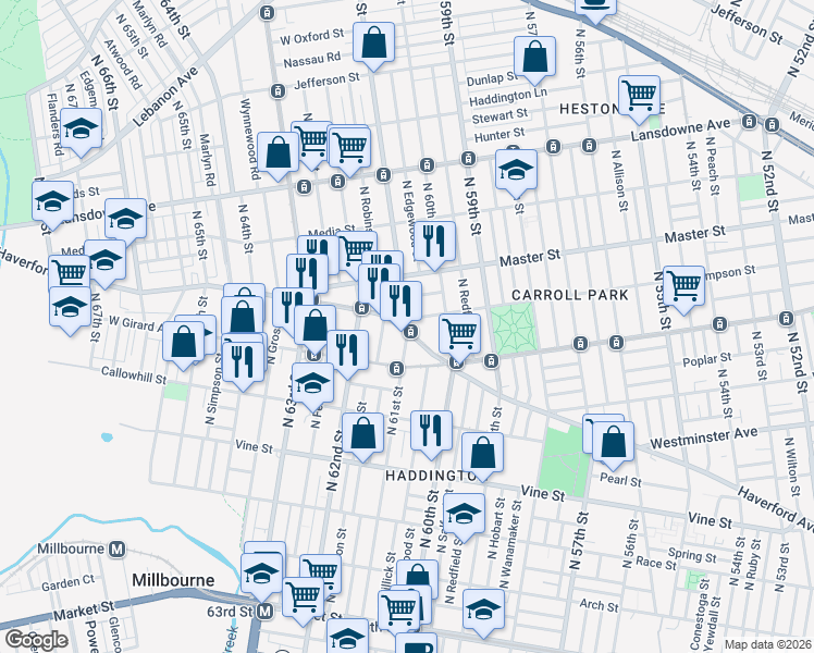 map of restaurants, bars, coffee shops, grocery stores, and more near North 61st Street in Philadelphia