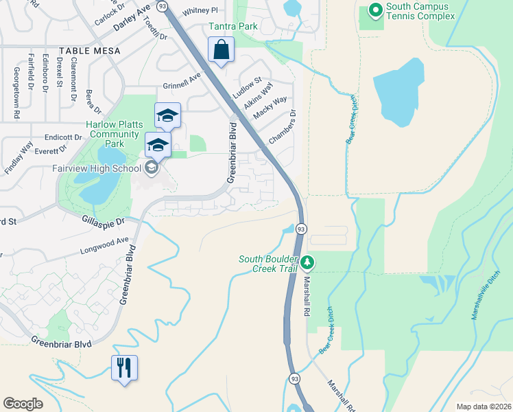 map of restaurants, bars, coffee shops, grocery stores, and more near 1656 Bradley Court in Boulder