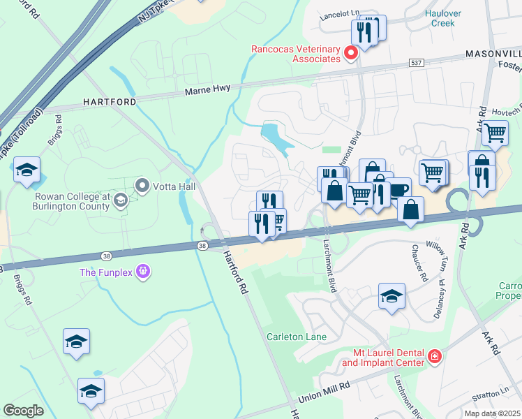 map of restaurants, bars, coffee shops, grocery stores, and more near 5110B Aberdeen Drive in Mount Laurel Township