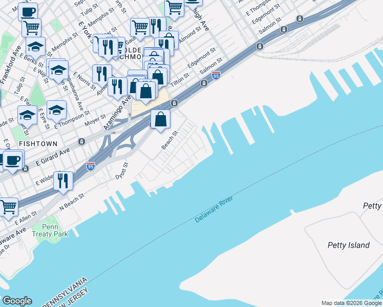 map of restaurants, bars, coffee shops, grocery stores, and more near 2015 Richmond St in Philadelphia