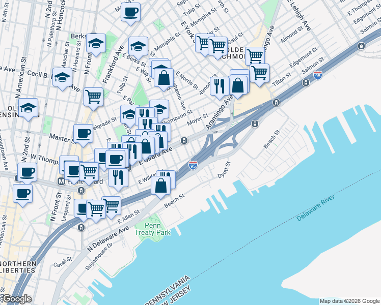 map of restaurants, bars, coffee shops, grocery stores, and more near 13 East Wildey Street in Philadelphia