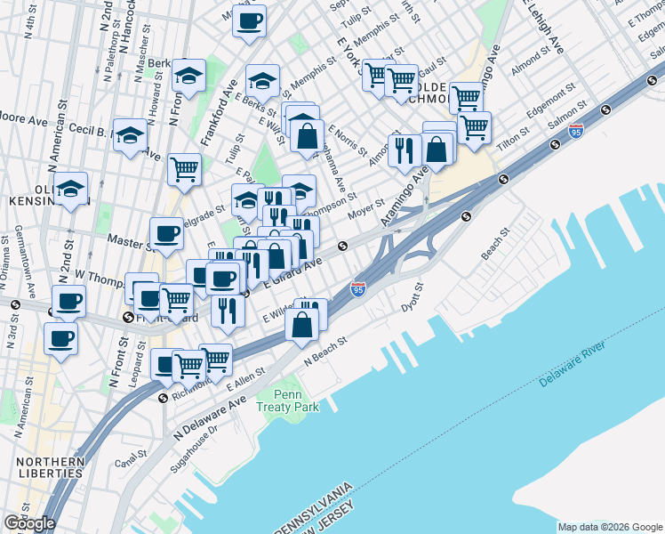 map of restaurants, bars, coffee shops, grocery stores, and more near 13 East Wildey Street in Philadelphia