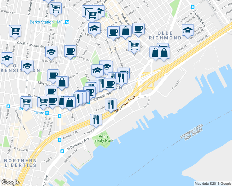 map of restaurants, bars, coffee shops, grocery stores, and more near 13 East Wildey Street in Philadelphia