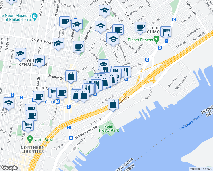 map of restaurants, bars, coffee shops, grocery stores, and more near in Philadelphia