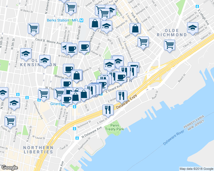 map of restaurants, bars, coffee shops, grocery stores, and more near in Philadelphia