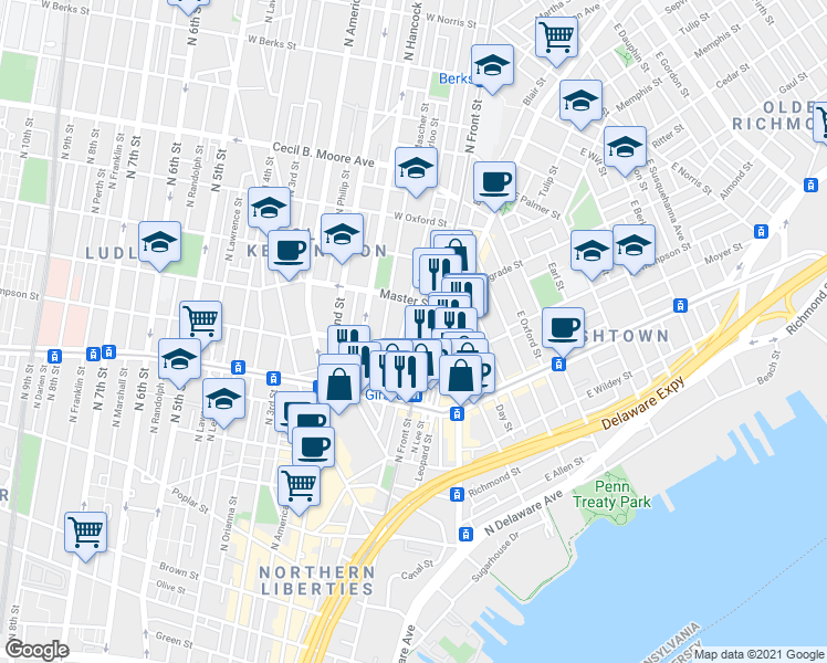 map of restaurants, bars, coffee shops, grocery stores, and more near 1257 North Howard Street in Philadelphia