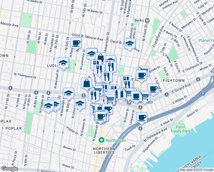 map of restaurants, bars, coffee shops, grocery stores, and more near 1220 North 2nd Street in Philadelphia