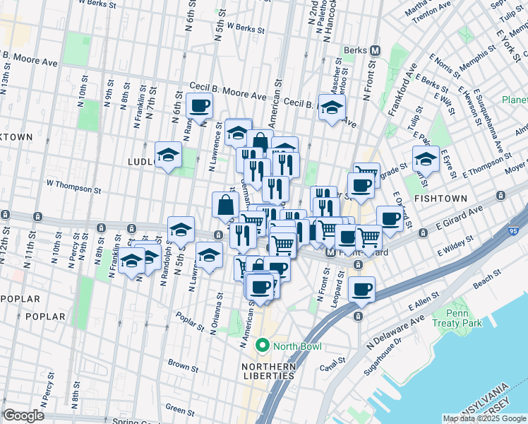 map of restaurants, bars, coffee shops, grocery stores, and more near 1220 North 2nd Street in Philadelphia