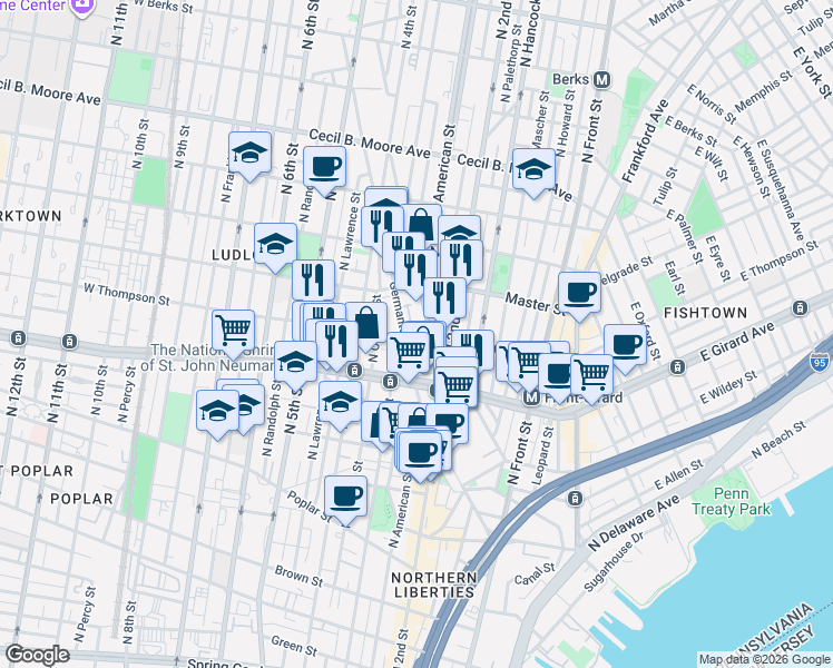 map of restaurants, bars, coffee shops, grocery stores, and more near in Philadelphia