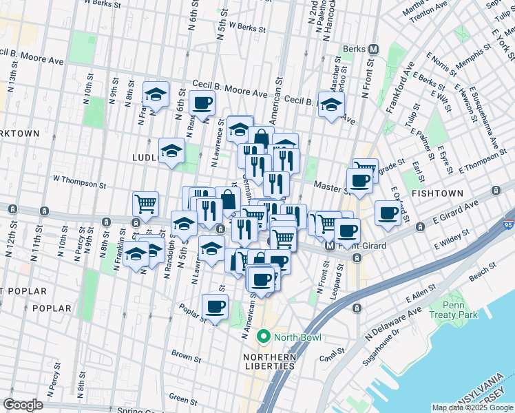 map of restaurants, bars, coffee shops, grocery stores, and more near 1224 Germantown Avenue in Philadelphia