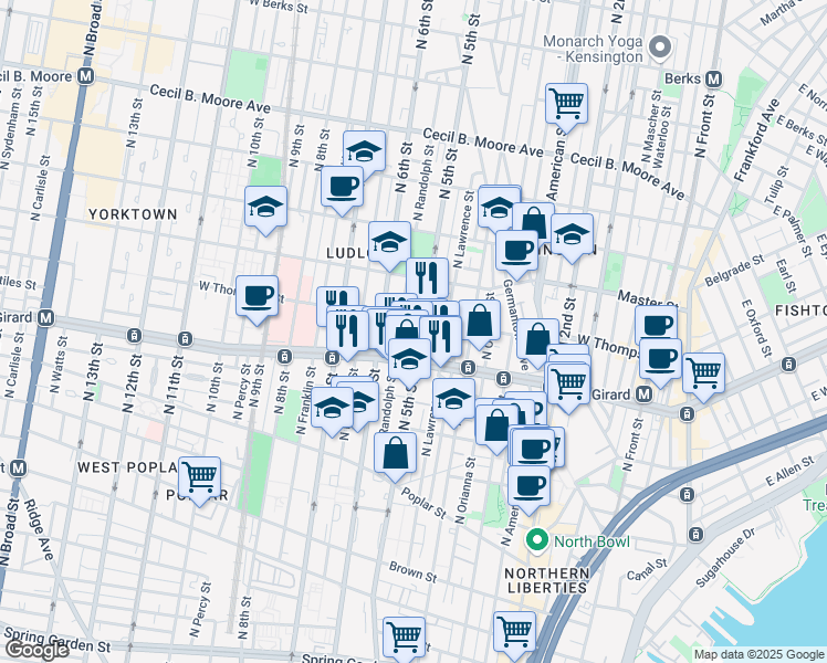 map of restaurants, bars, coffee shops, grocery stores, and more near in Philadelphia