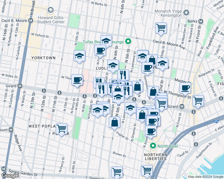 map of restaurants, bars, coffee shops, grocery stores, and more near 511 West Girard Avenue in Philadelphia