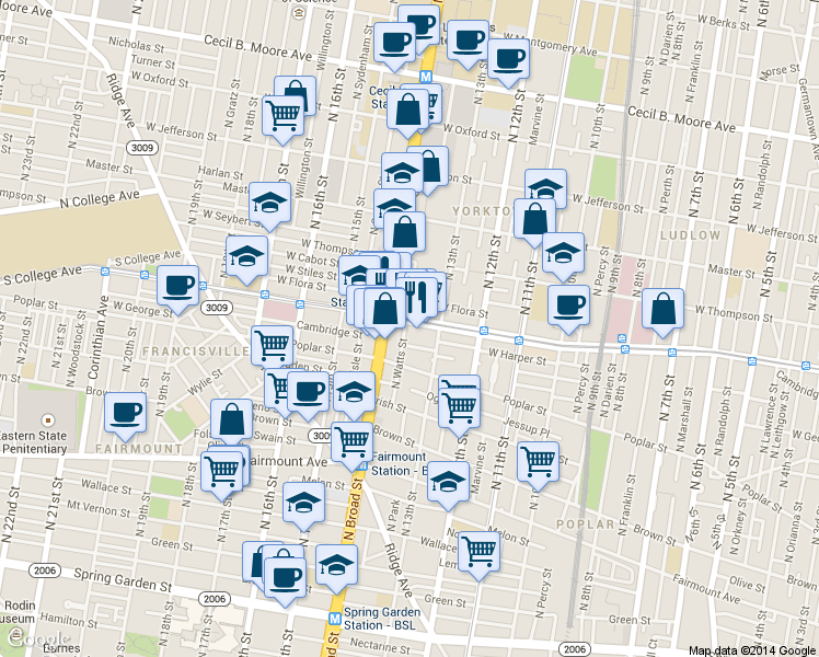 map of restaurants, bars, coffee shops, grocery stores, and more near 1330 West Girard Avenue in Philadelphia