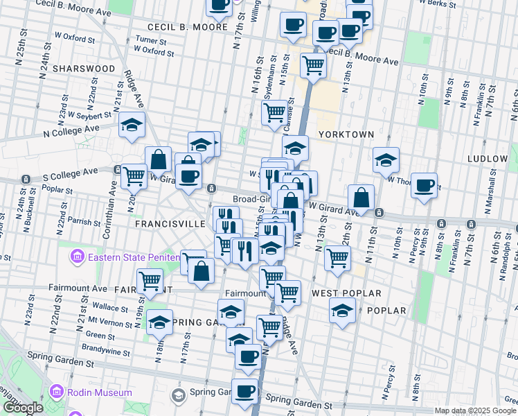 map of restaurants, bars, coffee shops, grocery stores, and more near 1515 Poplar Street in Philadelphia
