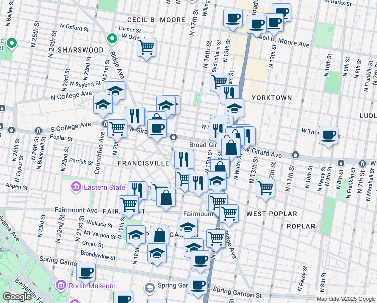 map of restaurants, bars, coffee shops, grocery stores, and more near 1606 Poplar Street in Philadelphia