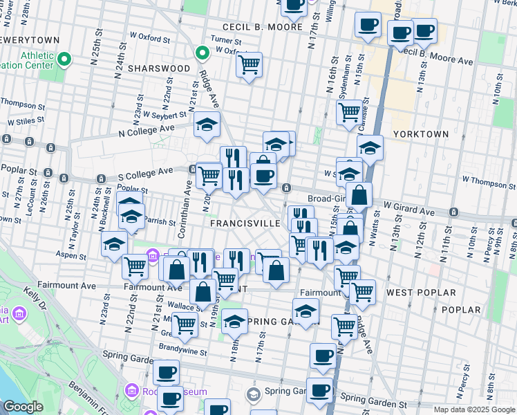 map of restaurants, bars, coffee shops, grocery stores, and more near in Philadelphia