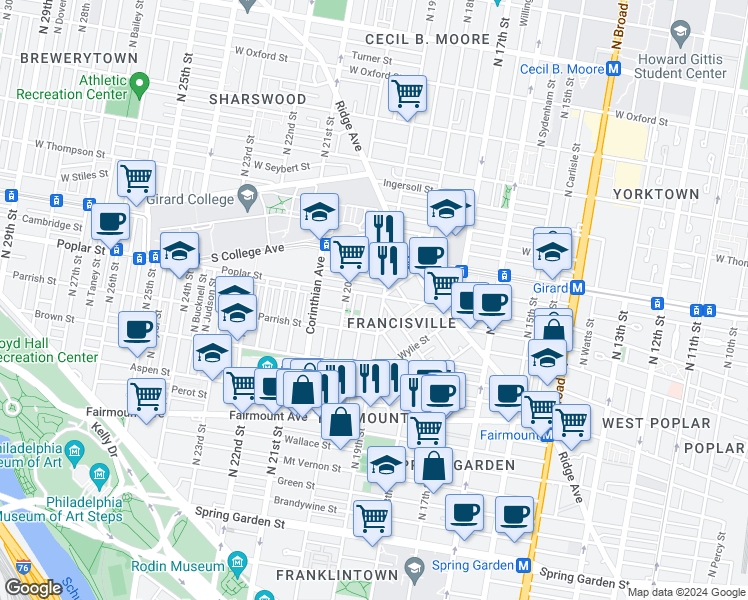 map of restaurants, bars, coffee shops, grocery stores, and more near 860 North 19th Street in Philadelphia