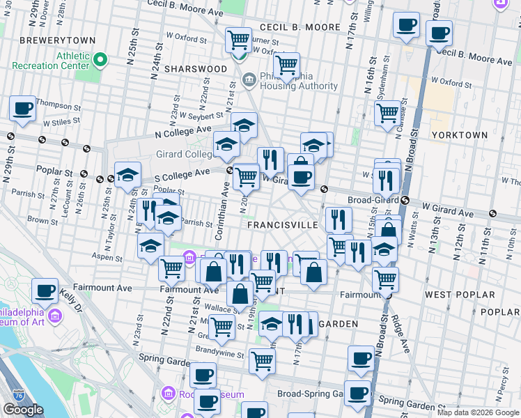 map of restaurants, bars, coffee shops, grocery stores, and more near 860 North 19th Street in Philadelphia