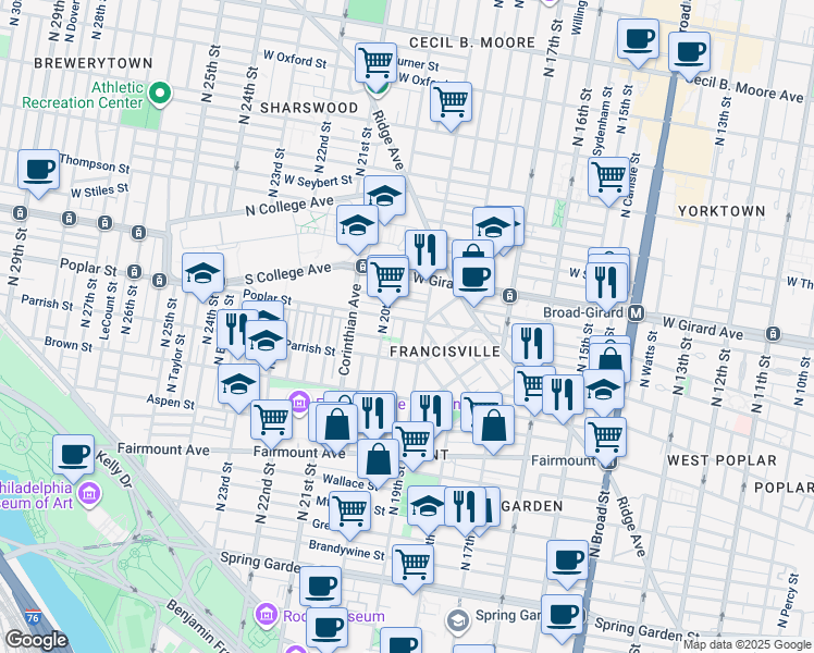 map of restaurants, bars, coffee shops, grocery stores, and more near 860 North 19th Street in Philadelphia