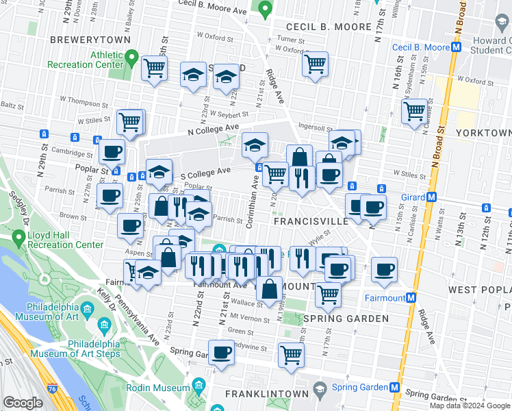 map of restaurants, bars, coffee shops, grocery stores, and more near 850 Corinthian Avenue in Philadelphia