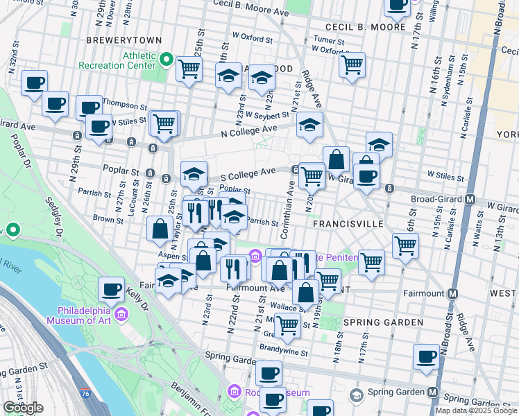 map of restaurants, bars, coffee shops, grocery stores, and more near 846 North 21st Street in Philadelphia