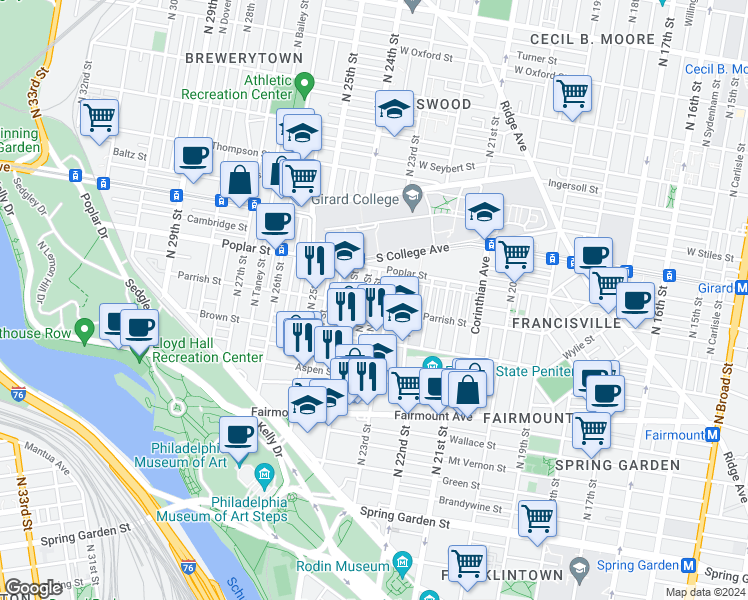map of restaurants, bars, coffee shops, grocery stores, and more near 822 North Judson Street in Philadelphia