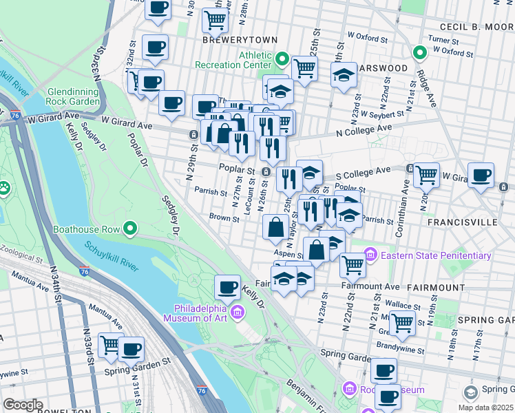 map of restaurants, bars, coffee shops, grocery stores, and more near 2611 Brown Street in Philadelphia