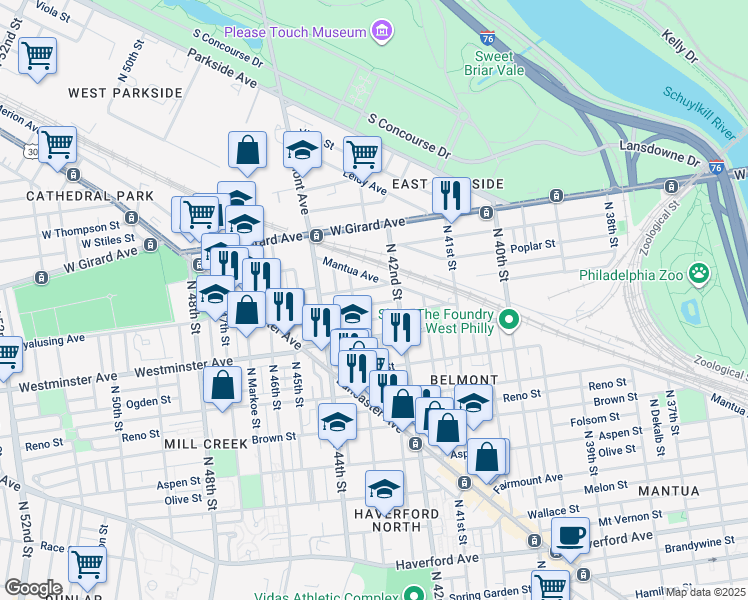 map of restaurants, bars, coffee shops, grocery stores, and more near 921 North 43rd Street in Philadelphia
