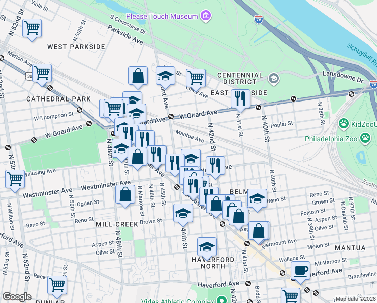 map of restaurants, bars, coffee shops, grocery stores, and more near 921 North 43rd Street in Philadelphia