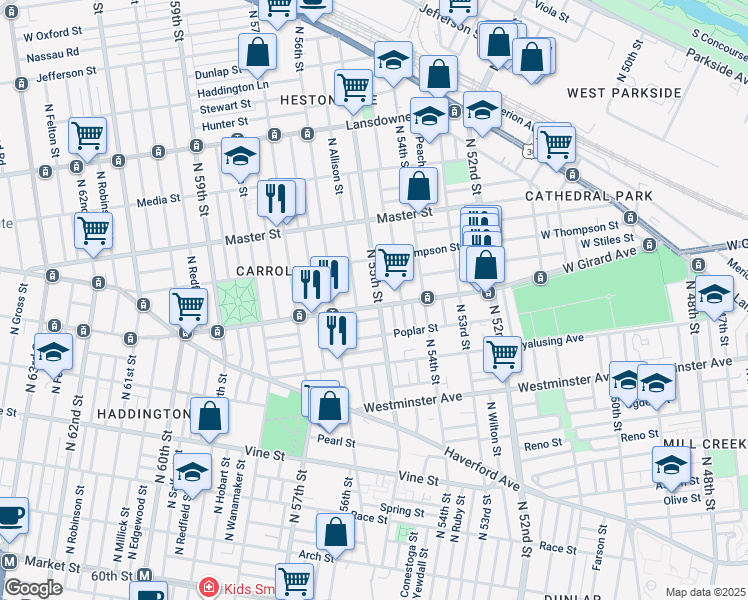 map of restaurants, bars, coffee shops, grocery stores, and more near 5508 West Girard Avenue in Philadelphia