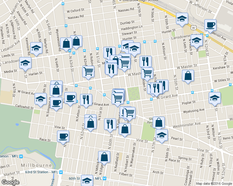 map of restaurants, bars, coffee shops, grocery stores, and more near 1212 North Redfield Street in Philadelphia