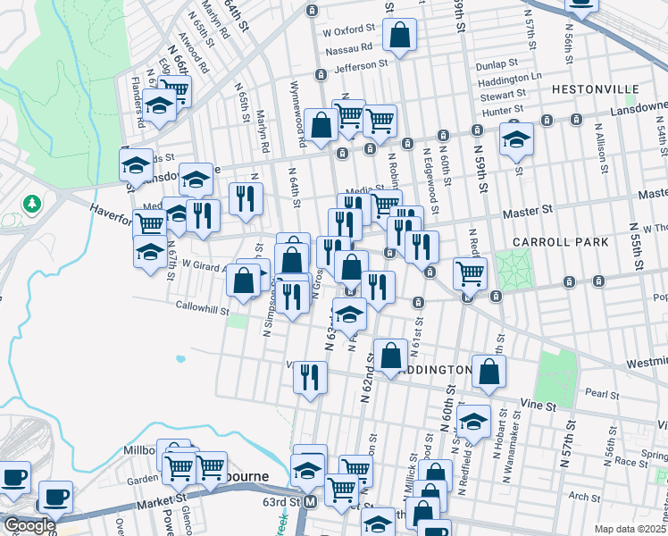 map of restaurants, bars, coffee shops, grocery stores, and more near 6331 West Girard Avenue in Philadelphia