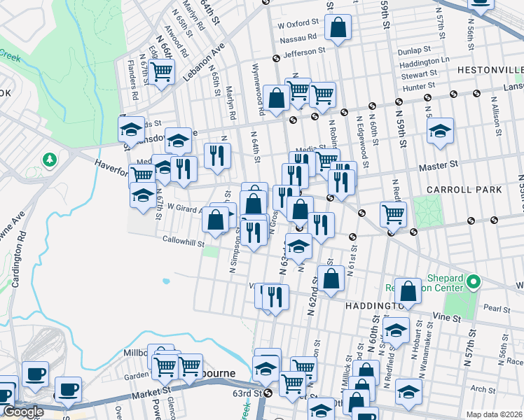 map of restaurants, bars, coffee shops, grocery stores, and more near 436 North 64th Street in Philadelphia