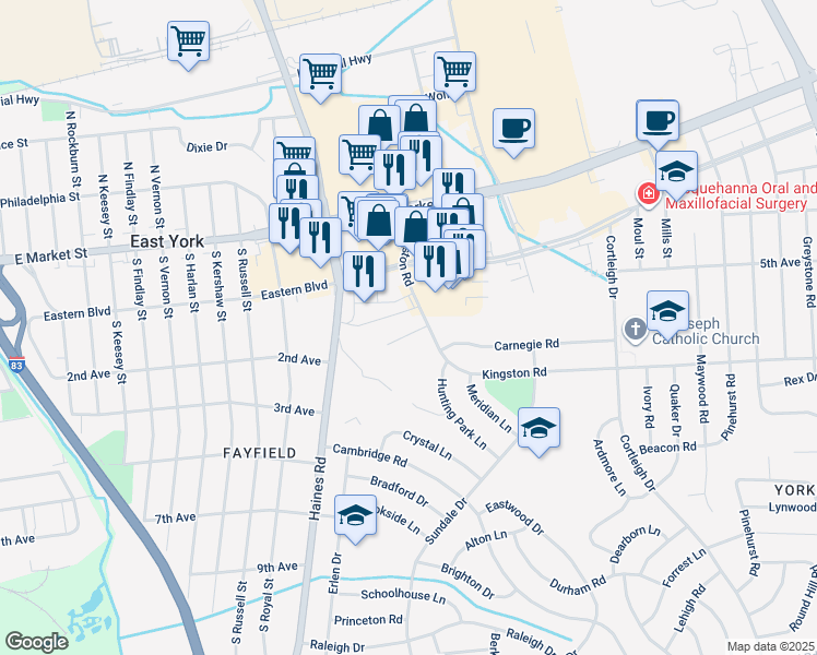 map of restaurants, bars, coffee shops, grocery stores, and more near 2550 Kingston Road in East York