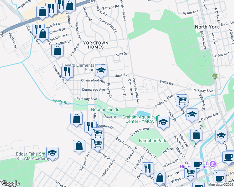 map of restaurants, bars, coffee shops, grocery stores, and more near 747 Priority Road in York