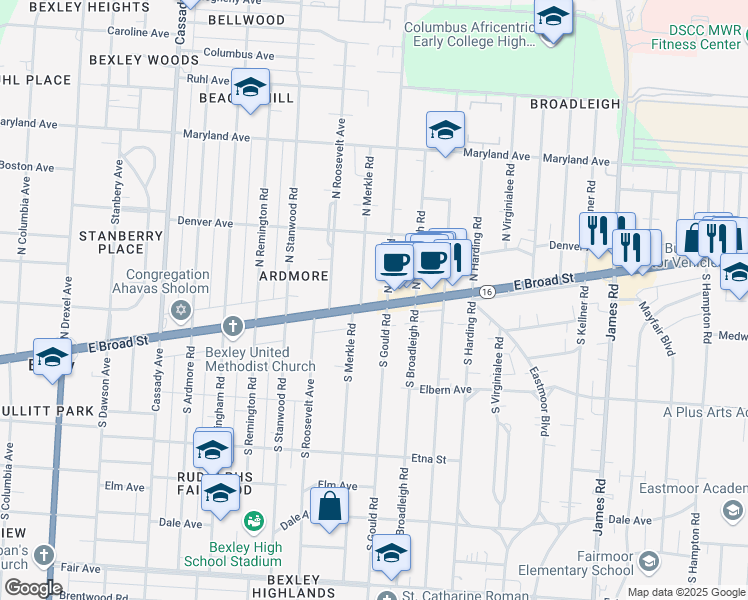 map of restaurants, bars, coffee shops, grocery stores, and more near 21 South Merkle Road in Bexley
