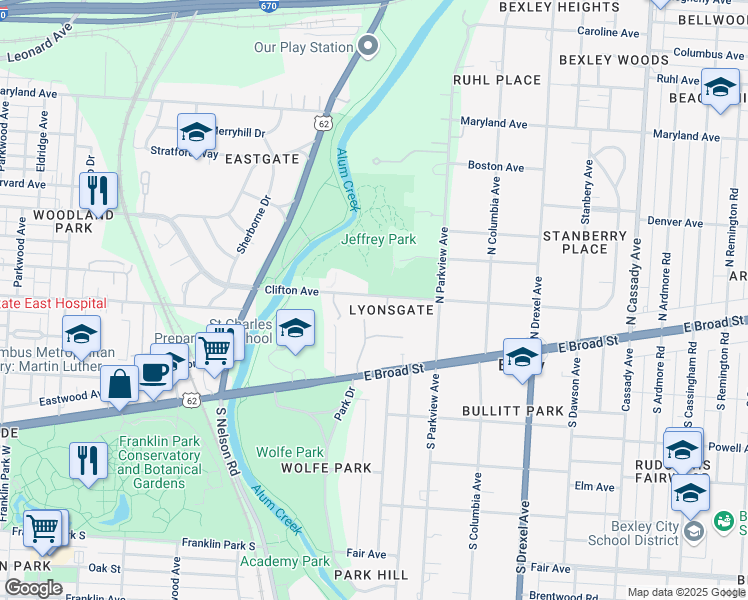 map of restaurants, bars, coffee shops, grocery stores, and more near in Bexley