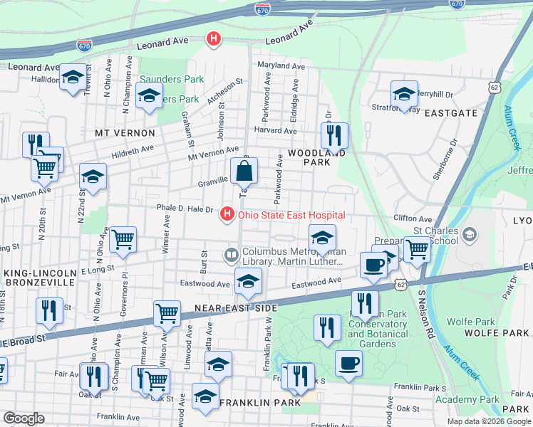 map of restaurants, bars, coffee shops, grocery stores, and more near 1540 Hawthorne Avenue in Columbus
