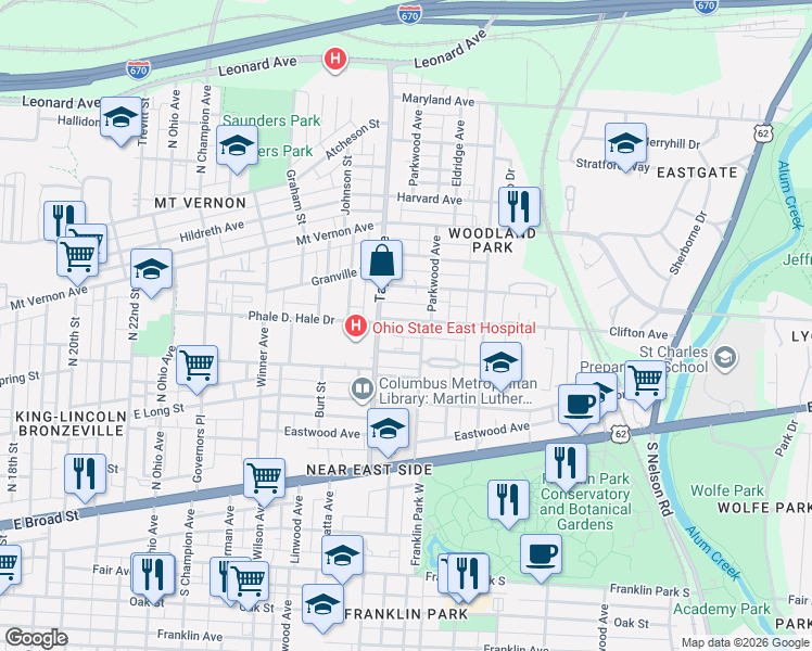 map of restaurants, bars, coffee shops, grocery stores, and more near 1540 Hawthorne Avenue in Columbus
