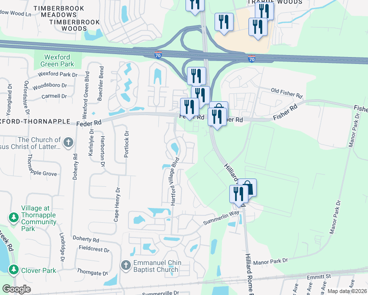 map of restaurants, bars, coffee shops, grocery stores, and more near 976 Hartford Village Boulevard in Columbus
