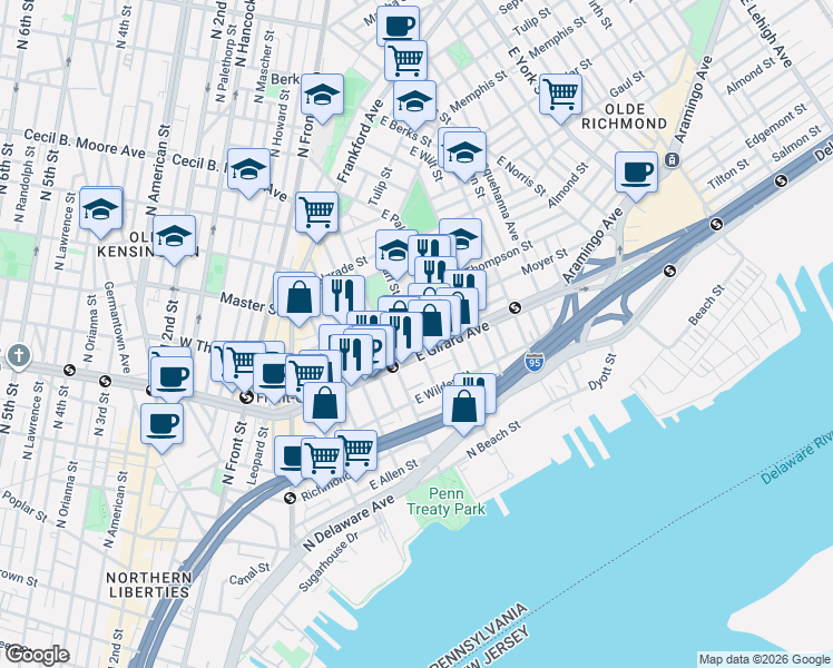 map of restaurants, bars, coffee shops, grocery stores, and more near in Philadelphia