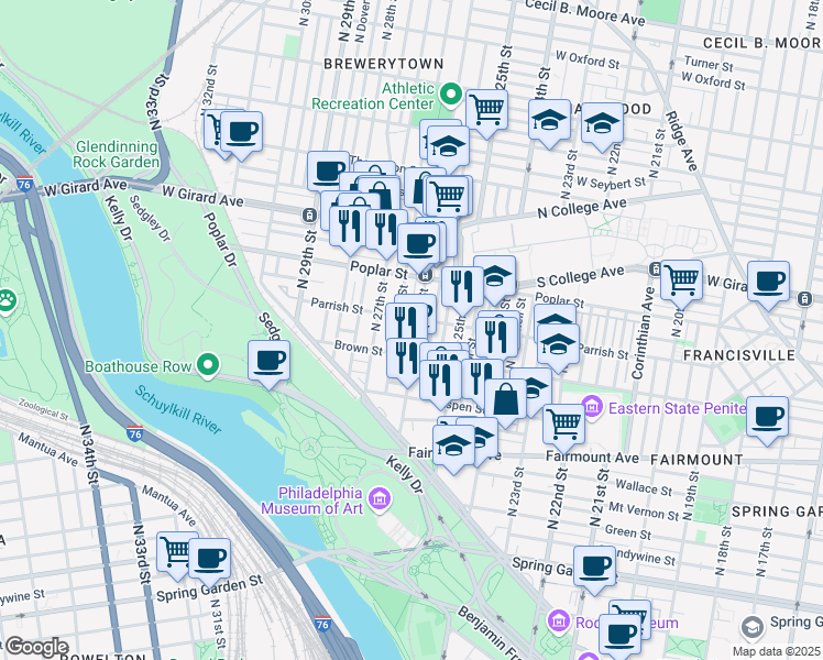 map of restaurants, bars, coffee shops, grocery stores, and more near 826 North 26th Street in Philadelphia